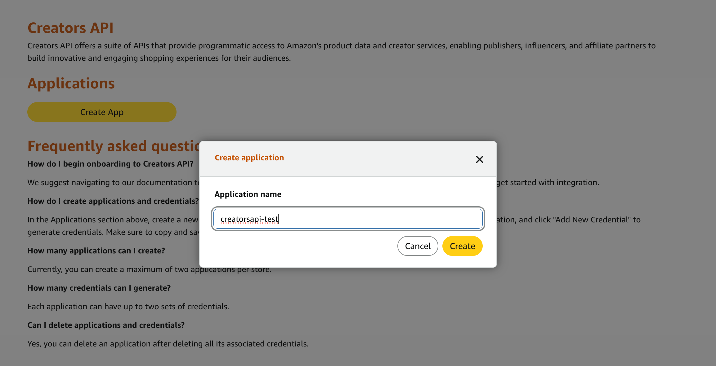 Amazon creators api application name