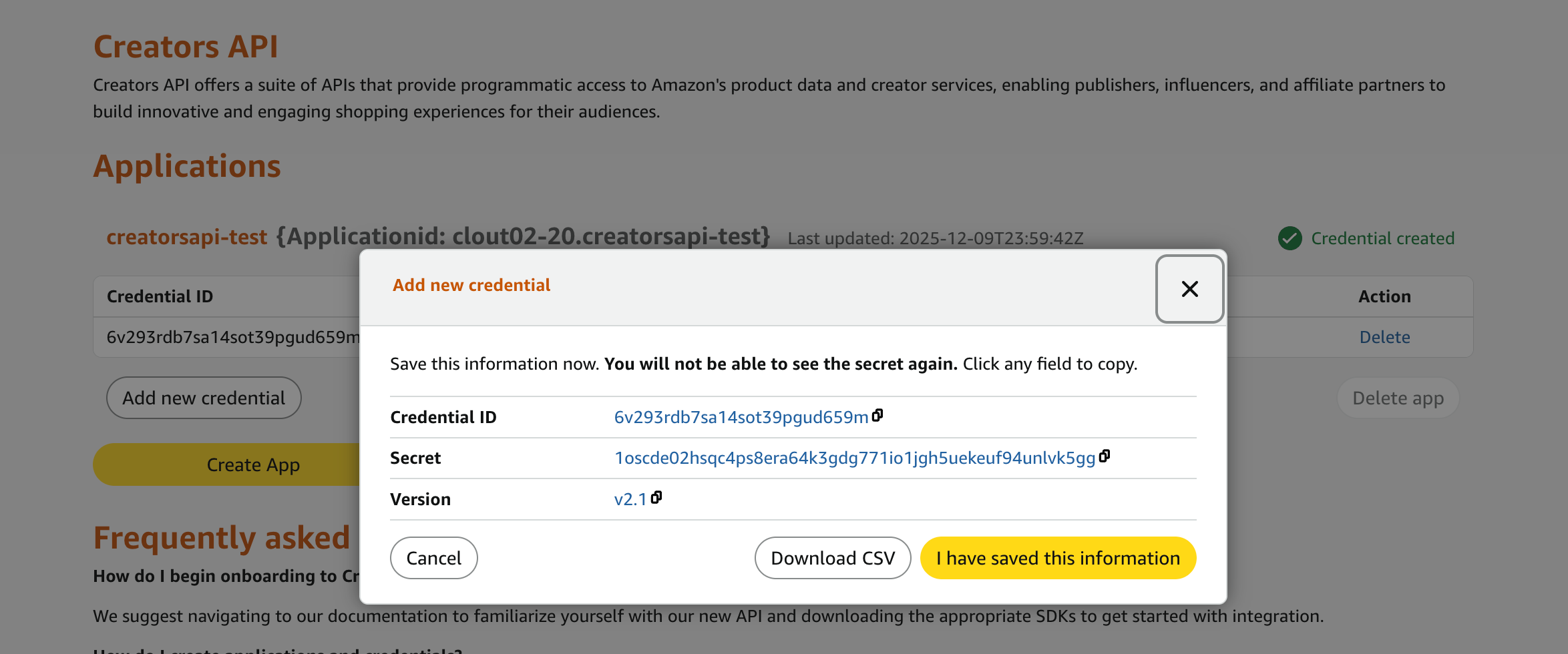 Amazon creators api credentials
