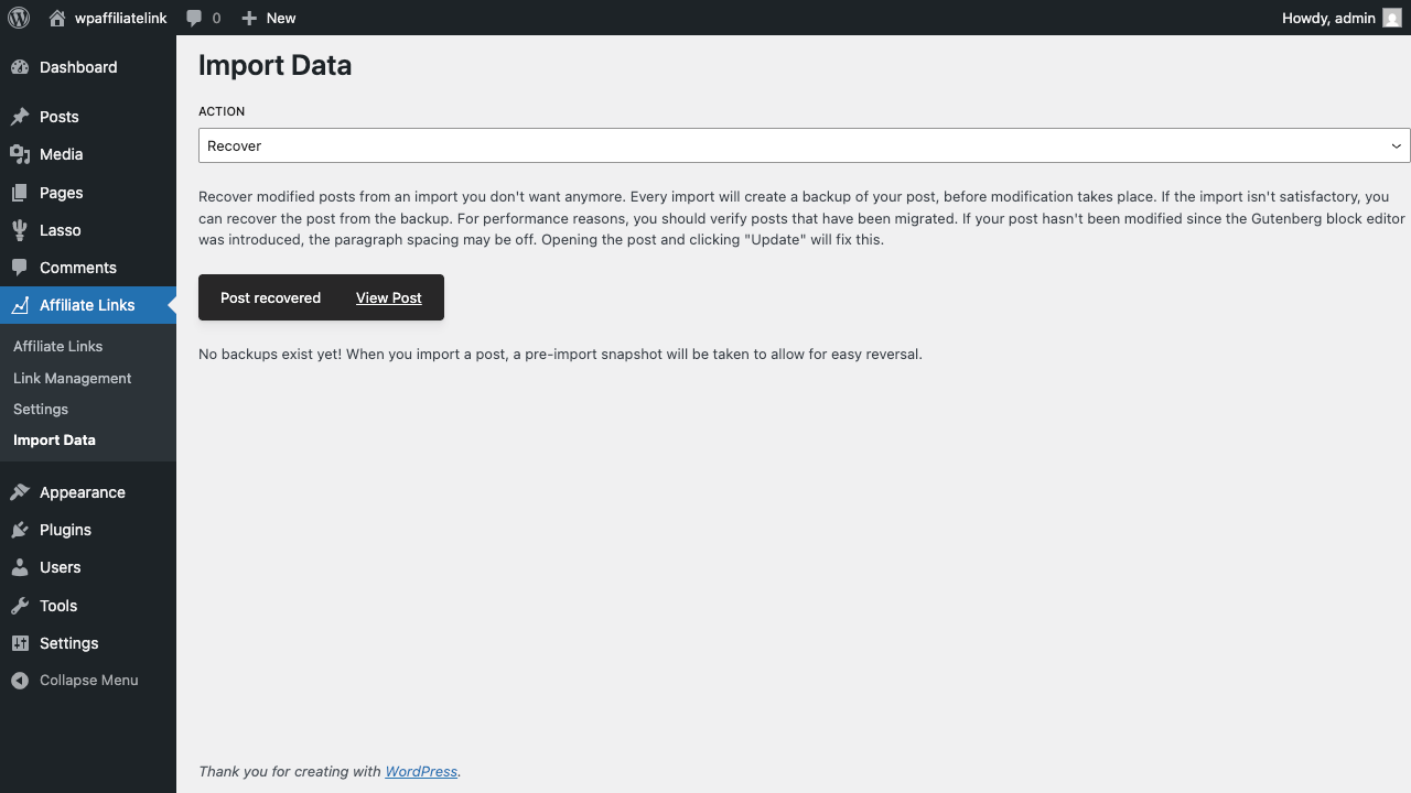 import recovery action