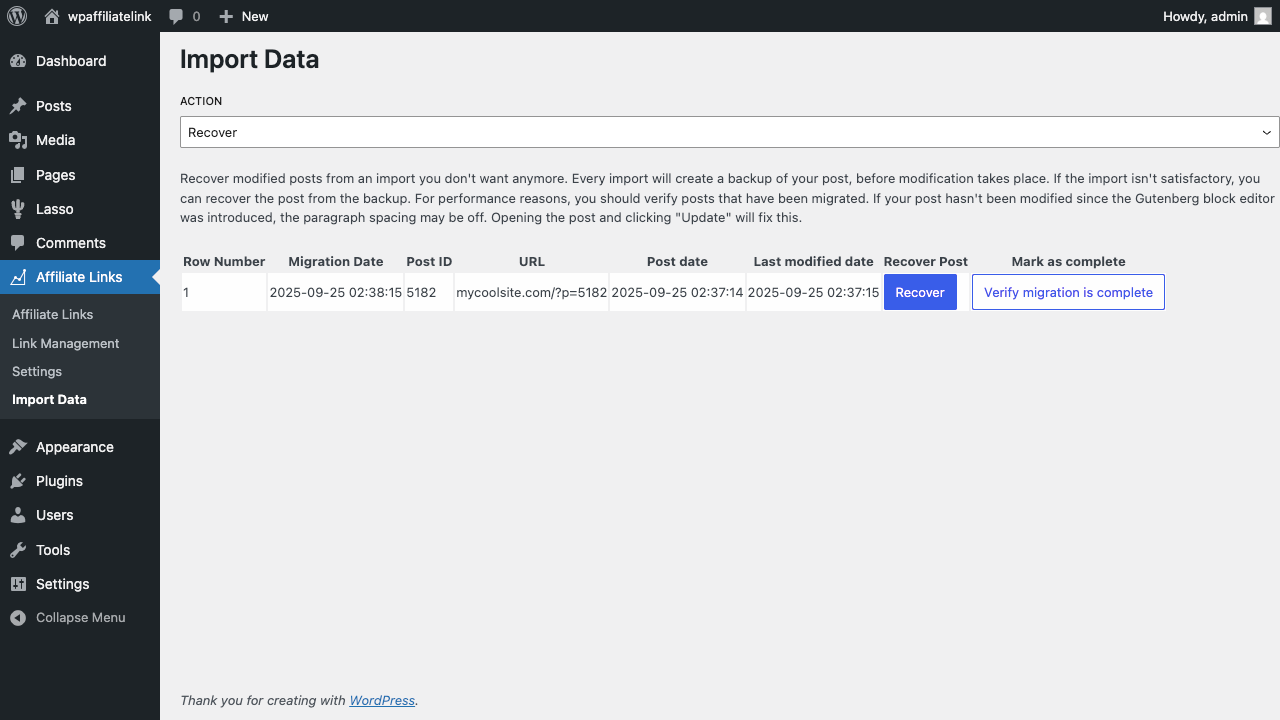 import recovery table
